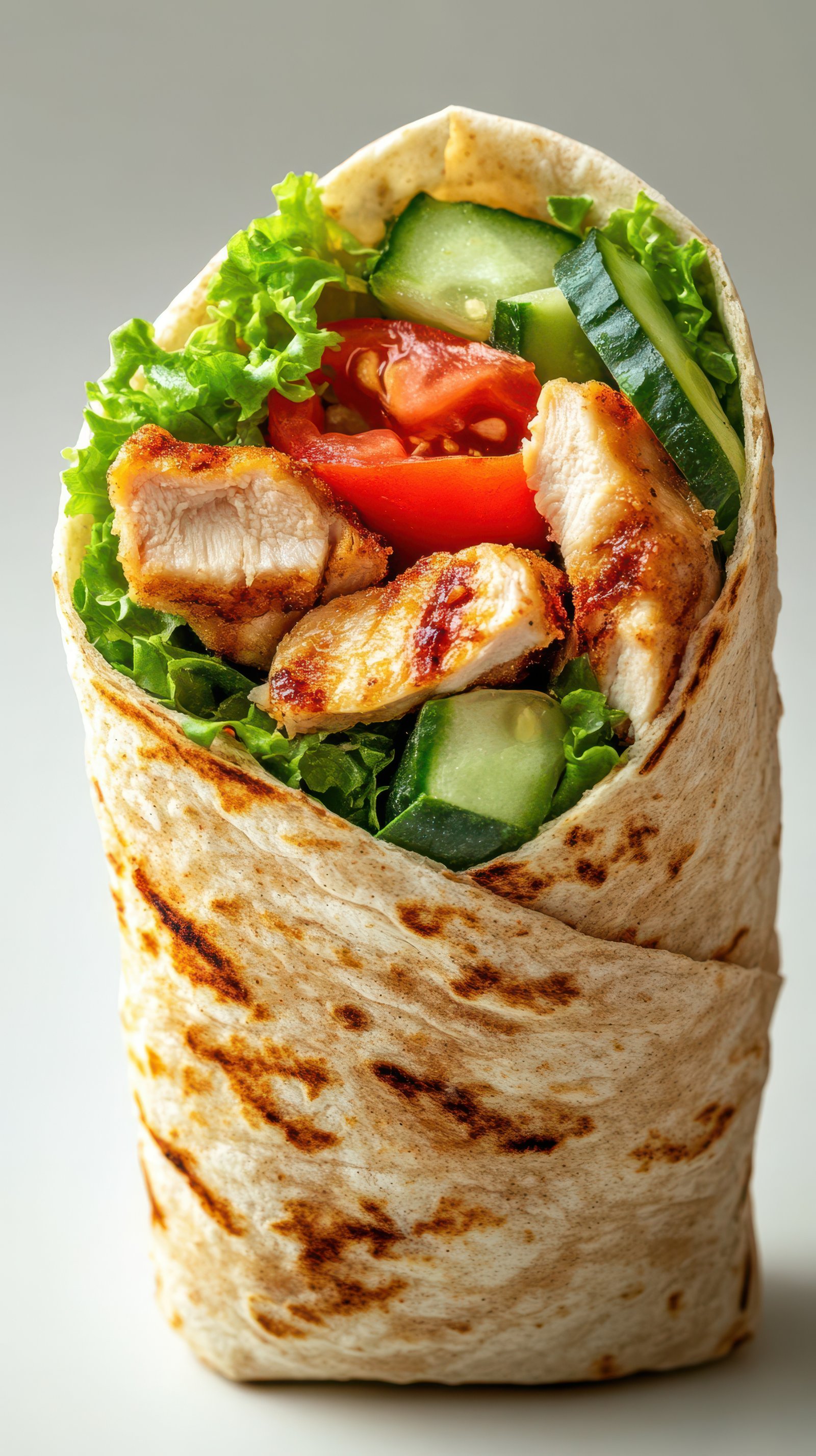 Delicious chicken wrap filled with fresh vegetables and grilled meat prepared for a healthy meal option